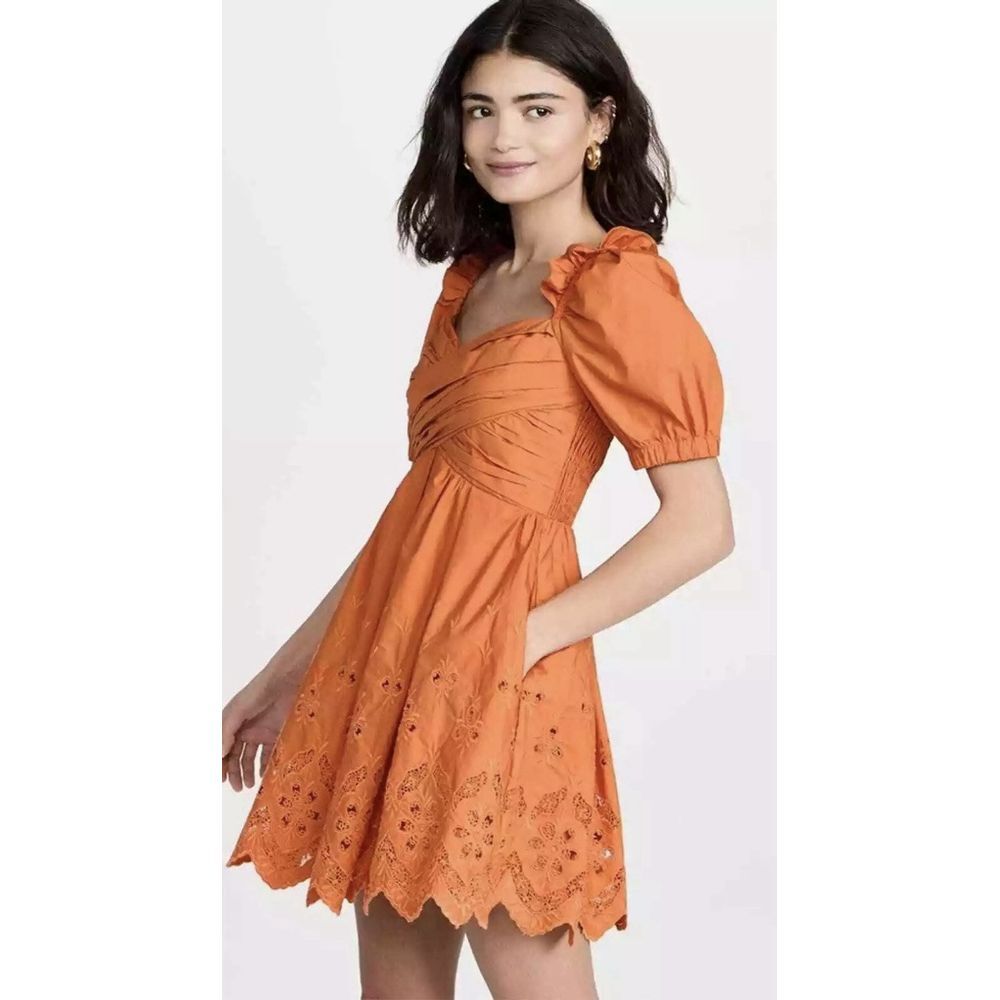 Self Portrait Cinnamon Floral Broderie Puff Sleeve Scallop Mini Dress Size 2 - Picture 2 of 10
